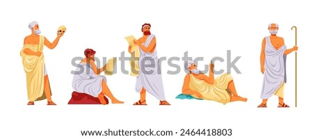 Ancient philosopher. Roman or greek philosophers cartoon character, old man in toga thinking metaphysics, socrates plato aristotle pythagoras philosophy, recent vector illustration