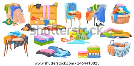 Piles messy clothes. Mess smell clothes heap on floor folded stack cloths for home laundry declutter, teenager messy apparel chair, dirty clothing basket neat vector illustration of messy pile clothes