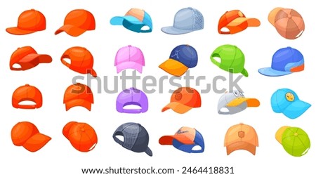 Cartoon baseball caps. Summer cappella hats, skater rap snapback athlete sport uniform trucker promotional hat back front view children color beach cap, neat vector illustration of cap baseball sport