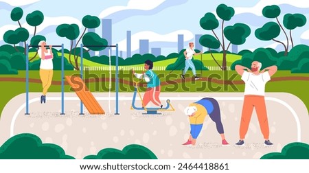 Elderly workout park. Old people exercise on nature sport city garden outdoor fitness gym, exercising pensioners age man happy senior healthy lifestyle, classy vector illustration of workout sport