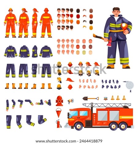 Firefighter creation. Fireman character constructor kit, fire fighter man puppet animation, animated firemen body uniform avatar, cartoon firefighters recent vector illustration