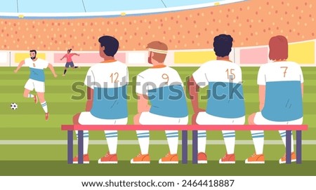 Soccer reserve team. Substitute football team players sit on bench of stadium or school sport court, sitting footballer back rear view, junior training classy vector illustration of replacement bench