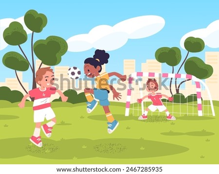 Children playing soccer. Little footballers play football outside in field city park, active school students kids teenagers sport players team kick ball, classy vector illustration