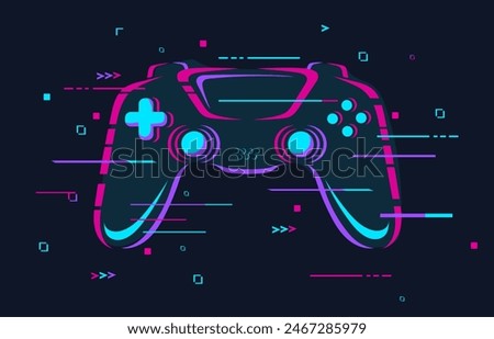 Glitch gamepad. Futuristic glitchy joystick cyber game zone logo gaming tournament poster, casual gamer controller light neon effect, esport action games neat vector illustration of console control