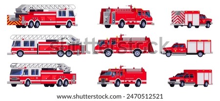 Firetrucks. Firetruck with ladder, fire truck toy fireman engine firefighter brigade cartoon van car emergency department vehicle 911 firefighting auto, recent vector illustration of emergency truck