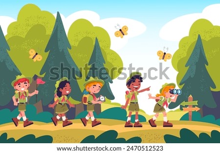 Kid scouts hiking. Child scouting, kids walk hike on forest trail boy watching compass girl scout outdoor camp scene school nature adventure cartoon cute classy vector illustration of adventure hiking