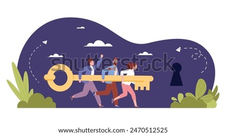 Team key to keyhole. Teamwork unlock solution lock, effective onboarding or corporate security business secrets concept leader run to success motivation achieve vector illustration of keyhole success