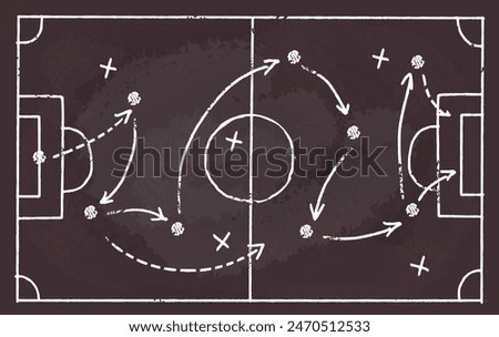 Soccer strategy scheme. Football management play tactic chalkboard, strategic plan attack game sport theory field pitch arrow chalk drawing on blackboard classy vector illustration of goal manager