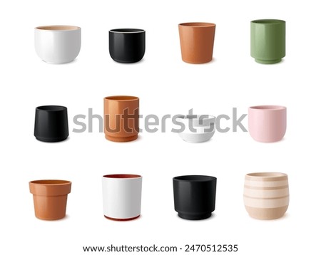 Realistic flower pots. Clay pot for flower house plant potting, terracotta ceramic flowerpot mockup, plastic cylinder white vase garden flowerpots 3d exact vector illustration of pot realistic