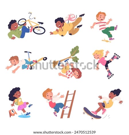 Falling kids. Cartoon children fall down accident, school students stumble on wet floor, fell child characters walk injury danger, vector illustration of accident drop from skate or bicycle