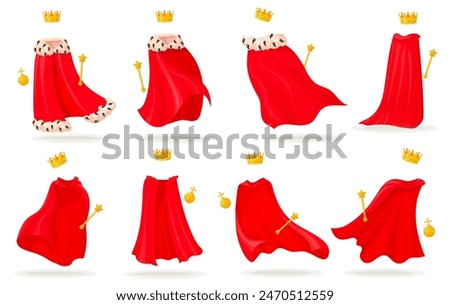 Royal cloaks. Invisible king mantle red cape, monarchy coronation attributes scepter crown orb queen princess robe medieval clothes dress garment, cartoon neat vector illustration of king mantle