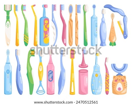 Toothbrushes cleaning tools. Different toothbrush isolated flat colorful icons, bamboo or electrical teeth brush for toothpaste tooth manual dental clean swanky vector illustration