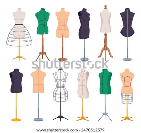 Cartoon tailor mannequins. Mannequin dummy fashion designer or tailors garment sewing studio, women men torso model seamstress atelier hanger clothes, ingenious vector illustration of dummy set