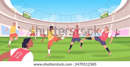 Soccer players in stadium. Football player team attack or defense game on field, dynamic gaming sport match world cup contest, footballer kick goal ball classy vector illustration of football soccer