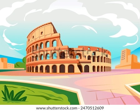 Cartoon coliseum. Roman colosseum, rome stone italy architecture history italian landmark europe history, ancient amphitheater roma arena for gladiator, recent vector illustration of cartoon italian