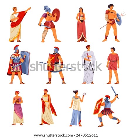 Ancient rome characters. Historic roman greek people greece civilization, gladiator auxiliary soldier caesar emperor hierarchy aristocrat in toga, recent vector illustration of ancient character greek