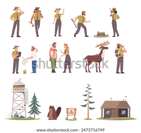 Forest rangers. Park ranger cartoon characters, environment preserve officer tree keeper wildlife guard, female scout or hunter man on lookout tower, set classy vector illustration of character ranger