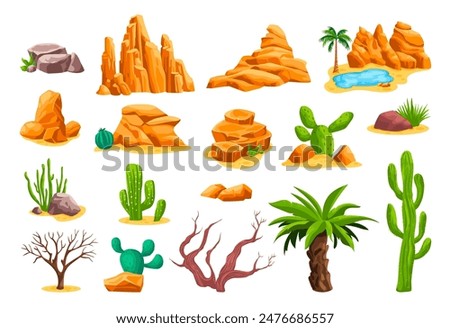 Desert stones cactus. Cartoon desertic landscape formation, africa safari vegetation sand dune oasis elements tumbleweed rock mountain canyon, western ingenious vector illustration