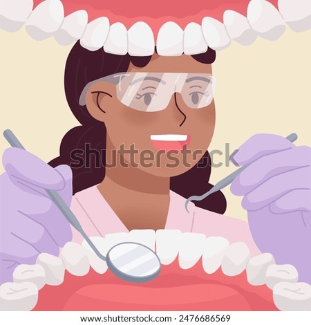 Dentist mouth view. Patient dental examination, doctor mask gloves checkup teeth inside oral cavity dentists diagnose healthy tooth, hygiene care medical swanky vector illustration