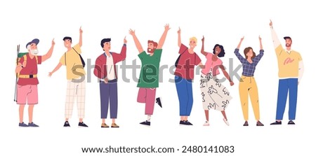 People point-up direction. Laughing man woman couple looking up indicate finger gesture, stand employee guy or senior arm indicating goal upward look in sky vector illustration