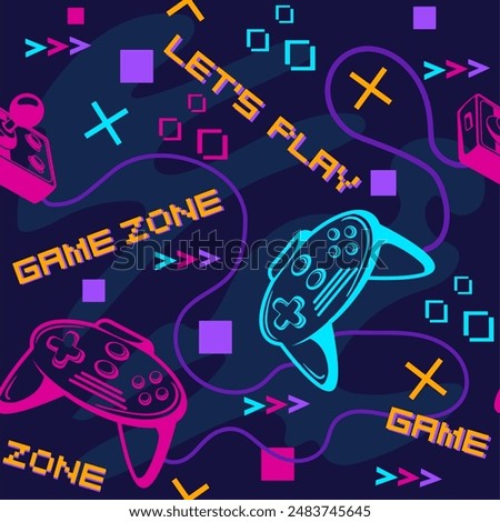 Gamepad pattern. Game joystick seamless wallpaper, retro gaming slogan typography fabric print, gamer guy video games trends, controller cartoon background neat vector illustration