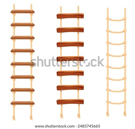 Rope ladder. Bind staircase ropes ladders with wooden steps rod, vertical upstairs or horizontal bridges portable stair for climbing up and down, cartoon neat vector illustration