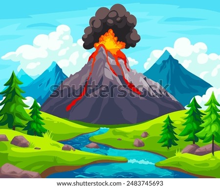 Volcano eruption landscape. Erupting volcanoes cartoon background, prehistoric apocalypse scene active volcanic mountain lava eruptions ash cloud sky, ingenious vector illustration