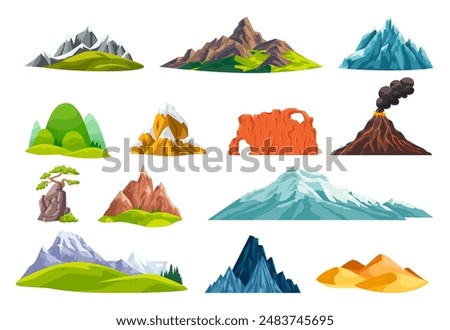 Cartoon rocky mountains. Snowy mountain top, mount relief brown hills canyon relief outdoor rock cliff peak nature elements green forest hill stones, ingenious vector illustration