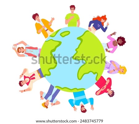 People around the planet. Europe citizens multi cultural people holding hands world earth globe protection together, sustainable global ecology care eco concept vector illustration