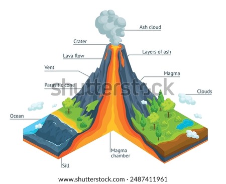 Volcano infographic. Volcanic eruption 3d isometric cross section structure, earth crust subduction lava magma crater geology diagram shield volcanoes ingenious vector illustration