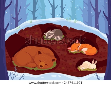 Animals sleeping in den. Animal sleep in underground burrow woodland winter snow season, cute bear hibernation forest nature house, cartoon wildlife ingenious vector illustration