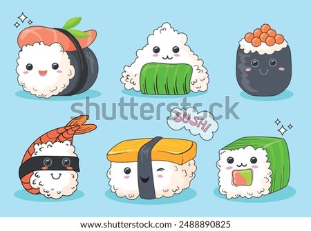 Sushi rolls kawaii characters. Smiling sushis cute funny mascot, seafood roll with rice salmon seaweed sauce smile asian food face comic doodle character, neat vector illustration authors graphics