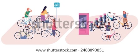 Bicycle parking. People stand at rental bikes storage on street public place, cycle outdoor rack or charge station electric bike safety transport, biking classy vector illustration authors graphics