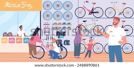 People bicycle store. Bike shop customers buying bicycles, young cyclist choose bikes biking helmet or wheel accessories retail sport cycle shopping, classy vector illustration authors graphics