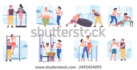 Personal fitness trainer. Gym coach supervision athlete training, sport instructor workout instruction teacher helps physical exercise, athletic coaching classy vector illustration authors graphics