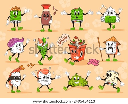 Cartoon sushi rolls characters. Japanese food retro mascot, rice onigiri fresh salmon sushis oriental meal comic character vintage manga 60s 70s, doodle neat vector illustration authors graphics