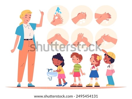 Kids washing hands. Teacher teaching children wash hand with soap in school faucet sink bathroom, hygiene handwash education cartoon boy and girl child, classy vector illustration authors graphics