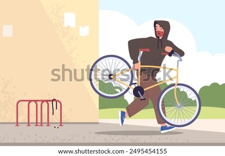 Bicycle thief. Running burglar man carrying stolen bike, theft steal cycle criminal break laws stealing insurance transport street security bikes robbery classy vector illustration authors graphics