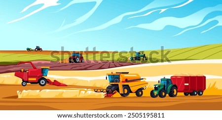 Agricultural machinery work field. Industrial agriculture harvesting, farm transport truck balers tillage combine machine seeding wheat on crop, cartoon recent vector illustration original artwork