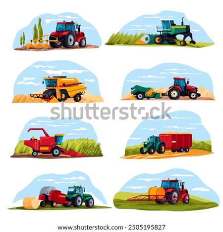 Agricultural machinery. Farm vehicle agricultural harvest machine, combine balers tillage seed manure spreader spraying tractor field seeding machine, recent vector illustration original artwork