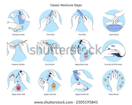 Manicure steps. Professional nail care procedure or finish gel overlay application guide base polish top coat technique step salon fingernail maintenance swanky vector Illustration original artwork