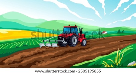 Tractor field landscape. Agricultural work farming tractors rural ranch cartoon background countryside harvest scene, farmer cultivated arable farmland recent vector illustration original artwork