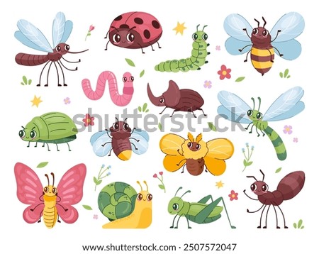 Cartoon insect characters. Children cute bug funny insects mascot, happy beetle garden pest antennae ant bee dragonfly mosquito fly bugs wildlife set, swanky vector illustration original artwork