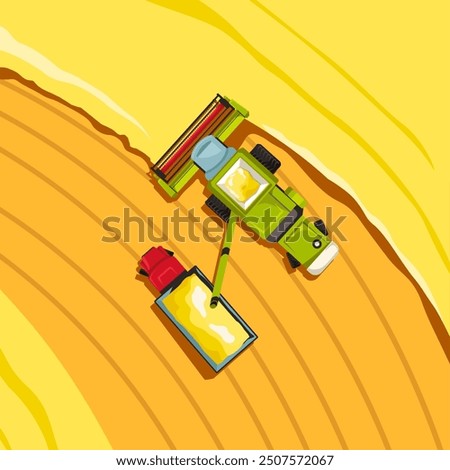 Harvester top view. Tractor or combine agriculture machinery crop field, rye wheat corn plantation farm harvesting farmer vehicle on plow, recent cartoon vector illustration original artwork