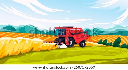 Combine field landscape. Harvesting scene, agriculture harvester machine in village wheat cartoon farmland rural background, farm harvest agro technology recent vector illustration original artwork