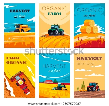 Agricultural machinery poster. Agriculture farming activity brochure, combine tractor field irrigation harvest crop agro flyers farm land landscape, recent vector illustration original artwork