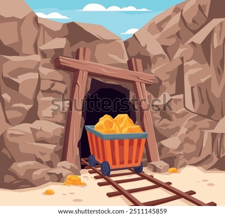 Mine entrance background. Rails to abandoned mining tunnel mountain stone cave, goldmine shaft door coal production geological tunnelling cartoon game ingenious vector illustration original artwork