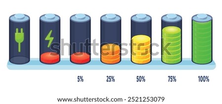 Battery charging stage. Full low charge energy level complete batteries, charged load capacity recharge indicator infographic mobile charger percentage, neat vector illustration original artwork