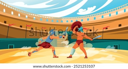 Gladiators fight in coliseum. Roman gladiator battle arena, ancient rome empire colosseum medieval era muscle slave barbarian against armor warrior sword recent vector illustration original artwork