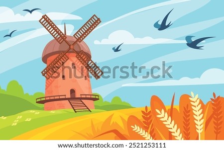 Cartoon windmill landscape. Rural wind mill in farm wheat cereal field, traditional old europe windmills countryside nature sky background, wind energy neat vector illustration original artwork